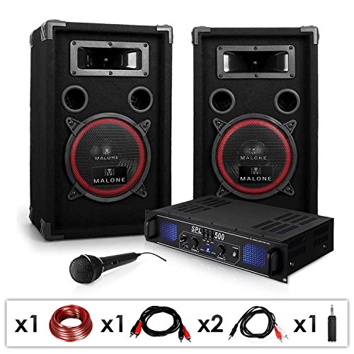 DJ PA-Set DJ-14 1600W Musik-Karaoke-Anlage PA-Verstärker SPL-500 mit 2x 200 Watt RMS Malone PA Lautsprecher-Boxen Paar (inkl. Mikrofon, Kabelset, 3 Stereo-Cinch-Eingänge) schwarz